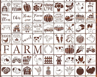 May include: A collection of wooden stencils featuring farm-themed designs. The stencils include images of farm animals, produce, and phrases like "Farm Fresh" and "Welcome to our Farmhouse".