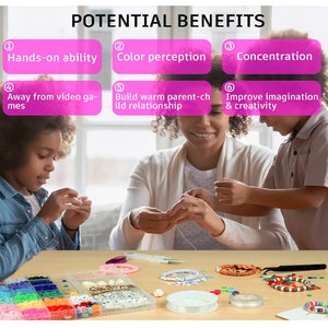 May include: A family is shown crafting beaded jewelry. The image shows a variety of colorful beads, string, and tools. Text at the top reads "POTENTIAL BENEFITS" with points about hands-on ability, color perception, concentration, and more. The scene is set on a wooden table.