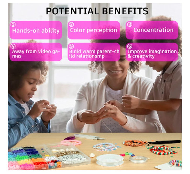 May include: A family is shown crafting beaded jewelry. The image shows a variety of colorful beads, string, and tools. Text at the top reads "POTENTIAL BENEFITS" with points about hands-on ability, color perception, concentration, and more. The scene is set on a wooden table.