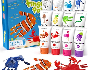 Toddler Finger Paint Set, 12 Non-Toxic Colors, Art Supplies with Apron
