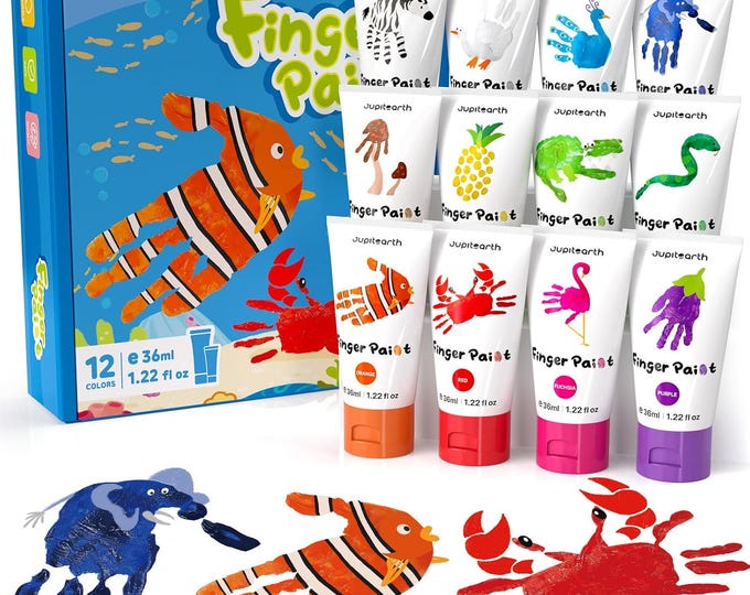 Toddler Finger Paint Set, 12 Non-Toxic Colors, Art Supplies with Apron
