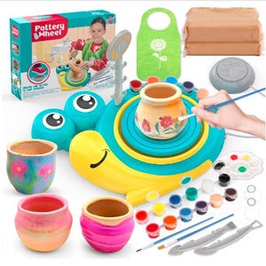 May include: A pottery wheel toy set with a colorful snail-shaped base, a spinning wheel, and a small clay pot. The set includes paints, brushes, and a small tool for shaping clay. The set also includes a small bag of clay.