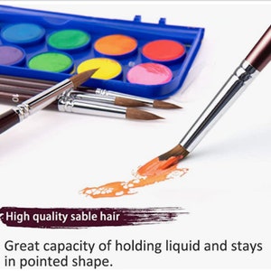 May include: A set of watercolor paint brushes with a blue and white plastic case containing a set of watercolor paints. The brushes have brown wooden handles and silver metal ferrules. The brushes are shown on a white surface with a brushstroke of orange paint.