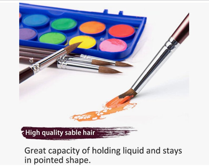 May include: A set of watercolor paint brushes with a blue and white plastic case containing a set of watercolor paints. The brushes have brown wooden handles and silver metal ferrules. The brushes are shown on a white surface with a brushstroke of orange paint.