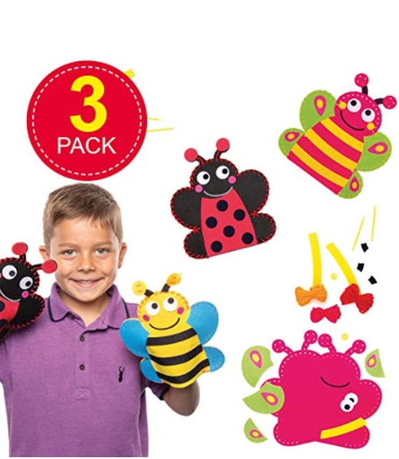 Baker Ross at618 Bug Hand Puppet Sewing Kits - Pack of 3 Story Telling Introduction to Sewing for Kids Great for Art Parties Schools and Festive