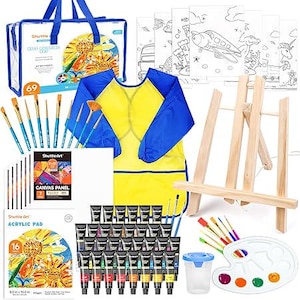 69-Piece Kids Paint Set with 30 Acrylic Colors, Easel, Canvas, Brushes, Palette & Smock (