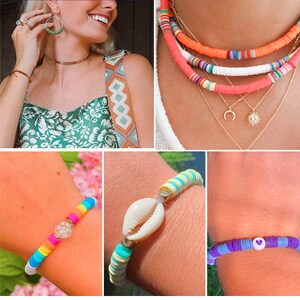 May include: A collection of colorful beaded jewelry, including necklaces and bracelets. The necklaces feature bright orange, pink, and white beads. Bracelets showcase rainbow and pastel color schemes, with a seashell and heart charm.