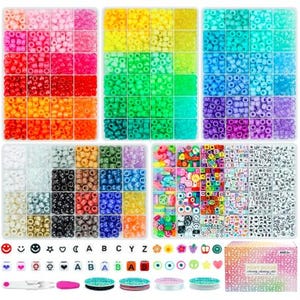 May include: A craft kit with colorful beads in various shapes and sizes, arranged in divided containers. The kit includes letter beads, smiley face beads, and other decorative elements, along with tools and storage containers.