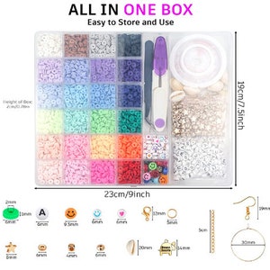 May include: A clear plastic box containing various craft supplies. The box includes colorful polymer clay beads, smiley face beads, letter beads, charms, and jewelry-making tools. The box is 9 inches wide and 7.5 inches tall. Text on the box reads "ALL IN ONE BOX" and "Easy to Store and Use."