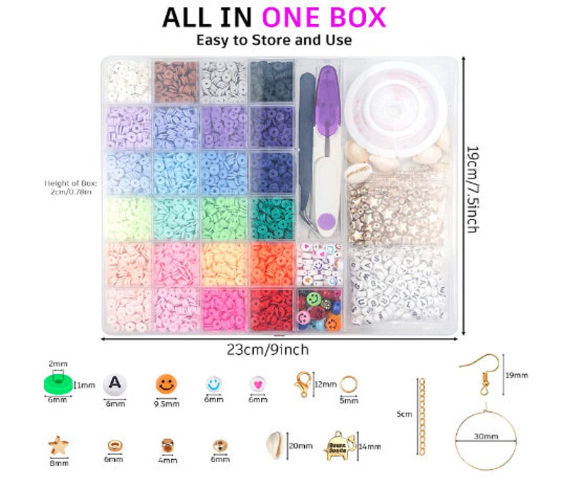 May include: A clear plastic box containing various craft supplies. The box includes colorful polymer clay beads, smiley face beads, letter beads, charms, and jewelry-making tools. The box is 9 inches wide and 7.5 inches tall. Text on the box reads "ALL IN ONE BOX" and "Easy to Store and Use."