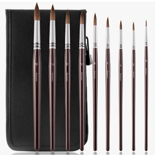 Kolinsky Sable Watercolor Brushes Set - 9Pcs Round Detail Pointed Tip Paint Brush for Watercolor Acrylics Inks