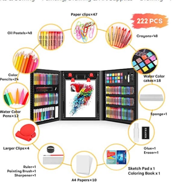 Beginners Art Set Case With Trifold Easel, Sketch Pad, Coloring Book,  Pastels, Crayons, Pencils/ibayam 222 Art Supplies for Kids 