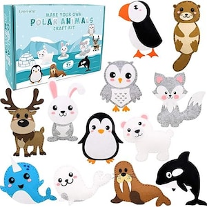 May include: A craft kit with felt pieces to make 10 different polar animals. The animals include a penguin, owl, fox, reindeer, narwhal, seal, walrus, orca, polar bear, and puffin. The kit includes instructions and all the materials needed to make the animals.