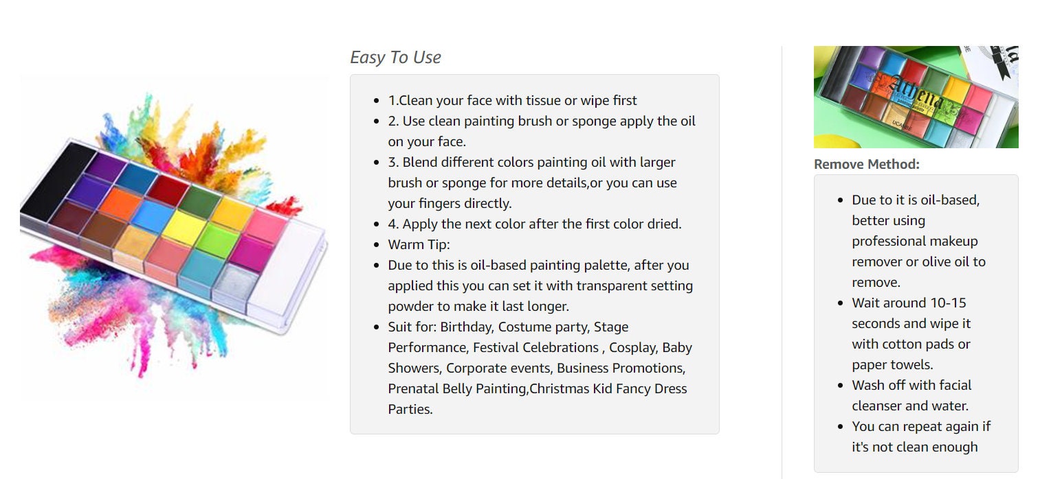 Athena Face & Body Paint Palette: 20 Flash Colors, Non-toxic Oil Based ...