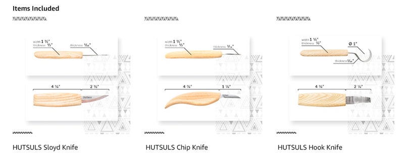 May include: Set of three wood carving knives with wooden handles. The knives are labeled "Sloyd Knife", "Chip Knife", and "Hook Knife".