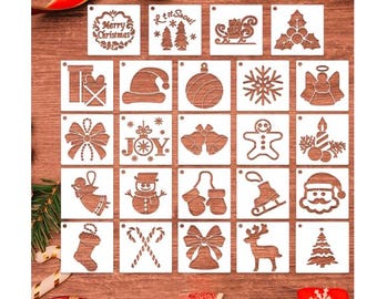 May include: Set of 20 white Christmas stencils with various designs, including a snowman, reindeer, Santa Claus, a stocking, a snowflake, a Christmas tree, a bell, a gingerbread man, and the words "Merry Christmas" and "Let it Snow!"