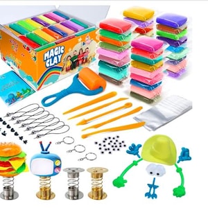 May include: A colorful set of modeling clay with tools and accessories for crafting. The set includes 24 colors of clay, a rolling pin, sculpting tools, googly eyes, and spring-loaded bases. The clay is labeled "Magic Clay".