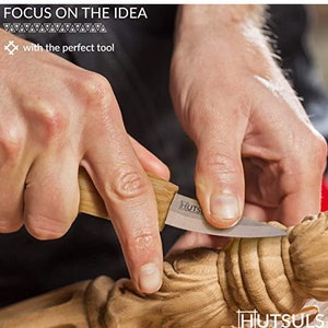 May include: A person's hand using a wood carving knife with a wooden handle to carve a piece of wood. The knife has the text "HUTSU" on the blade. The text "FOCUS ON THE IDEA" is at the top of the image.