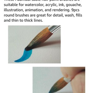 May include: A set of 9 round sable hair paint brushes. The brushes are shown being used to create thin and thick lines with blue watercolor paint.
