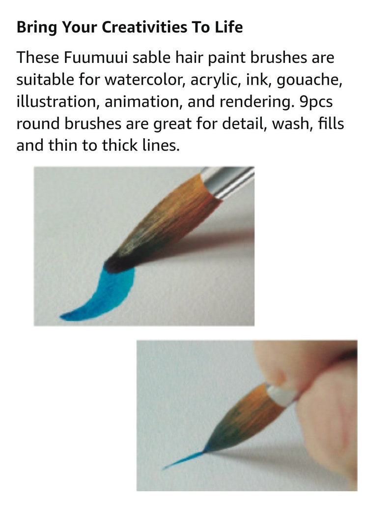 May include: A set of 9 round sable hair paint brushes. The brushes are shown being used to create thin and thick lines with blue watercolor paint.