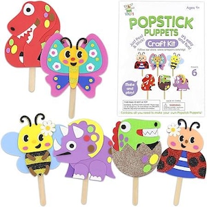 Make 6 Popstick Puppet Kits for Kids – Foam Crafts for Ages 4, Dinosaurs, Butterflies, Great Gift & Art Fun
