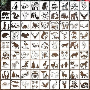 May include: A collection of 64 wooden stencils featuring various animal and nature-themed designs. Each stencil is square and includes images of animals like bears, deer, and insects, as well as trees and mountains.