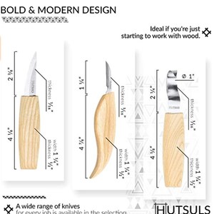 May include: Three wood carving knives with different blade shapes and sizes. The knives are labeled with their dimensions in inches. The knives are made by Hutsuls.