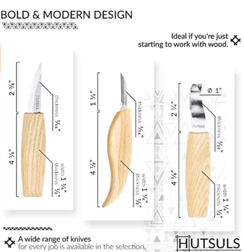 May include: Three wood carving knives with different blade shapes and sizes. The knives are labeled with their dimensions in inches. The knives are made by Hutsuls.
