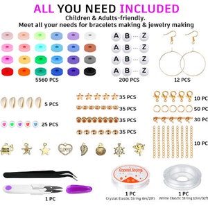 May include: A comprehensive jewelry-making kit with various colorful beads, letter beads, charms, clasps, and tools. Includes elastic string and earring hooks. The kit is designed for both children and adults, offering all the necessary components for bracelet and jewelry creation.