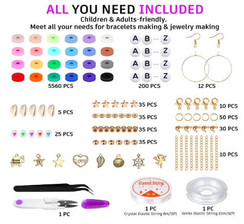 May include: A comprehensive jewelry-making kit with various colorful beads, letter beads, charms, clasps, and tools. Includes elastic string and earring hooks. The kit is designed for both children and adults, offering all the necessary components for bracelet and jewelry creation.