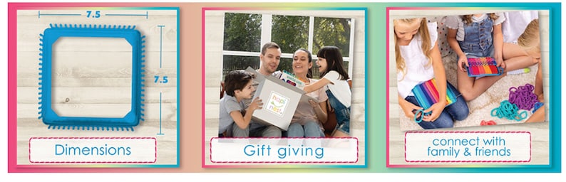 Puede incluir: Un telar de punto de pl&aacute;stico azul de 19 cm de dimensiones. El telar se muestra en una caja de regalo con las palabras "Happy Knots" en la caja. La imagen tambi&eacute;n muestra a personas tejiendo con el telar y disfrutando de la artesan&iacute;a.