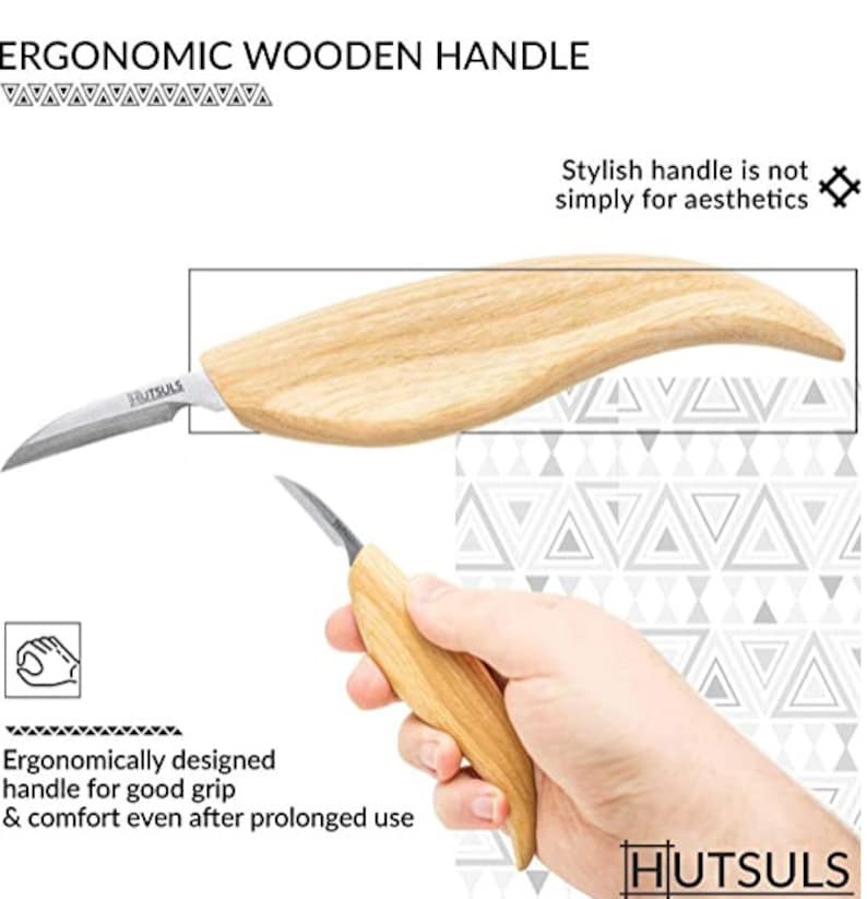 May include: A close-up of a wooden carving knife with a curved blade and a wooden handle. The handle is ergonomically designed for a comfortable grip. The knife is made by Hutsuls.