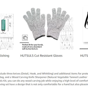 May include: A set of wood carving tools including a leather strop and polishing compound, cut resistant gloves, and a canvas bag organizer. The leather strop is 7 inches long and 1/2 inch wide. The gloves are gray and have a textured surface. The canvas bag is black and has the text "HUTSULS" printed on it. The bag is 10 1/2 inches wide and 12 1/2 inches tall.