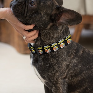 Custom vintage cartoon, Rocky and Bullwinkle, Dog Collar. Black pet collar for large dogs, small dogs and medium-sized dogs.