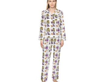 Women's Halloween Ghost Print Satin Pajama Set, Gothic Sleepwear Lounge Baggy