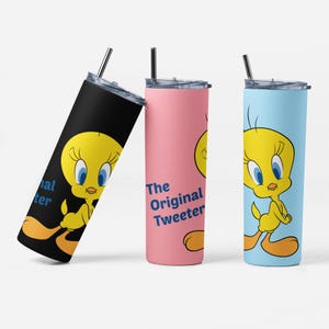 Vaso delgado mate Tweety Maars de 20 oz. Taza de viaje aislada de acero inoxidable con dibujos animados vintage de Tweety Bird.