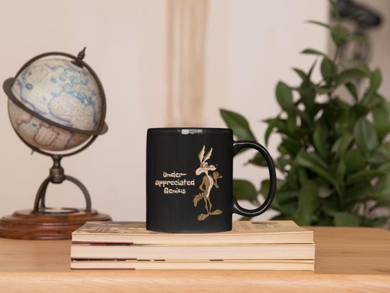 Wile E Coyote Coffee Mug: Retro Cartoon Genius, Black Ceramic 11oz mug