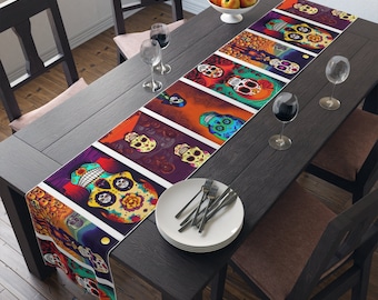 Day of the Dead Skull Table Runner (Cotton, Poly). Dia de los Muertos skeleton and skull design Home Decor.
