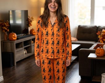 Damen Satin Halloween Pyjama Set: Kürbis Print PJs