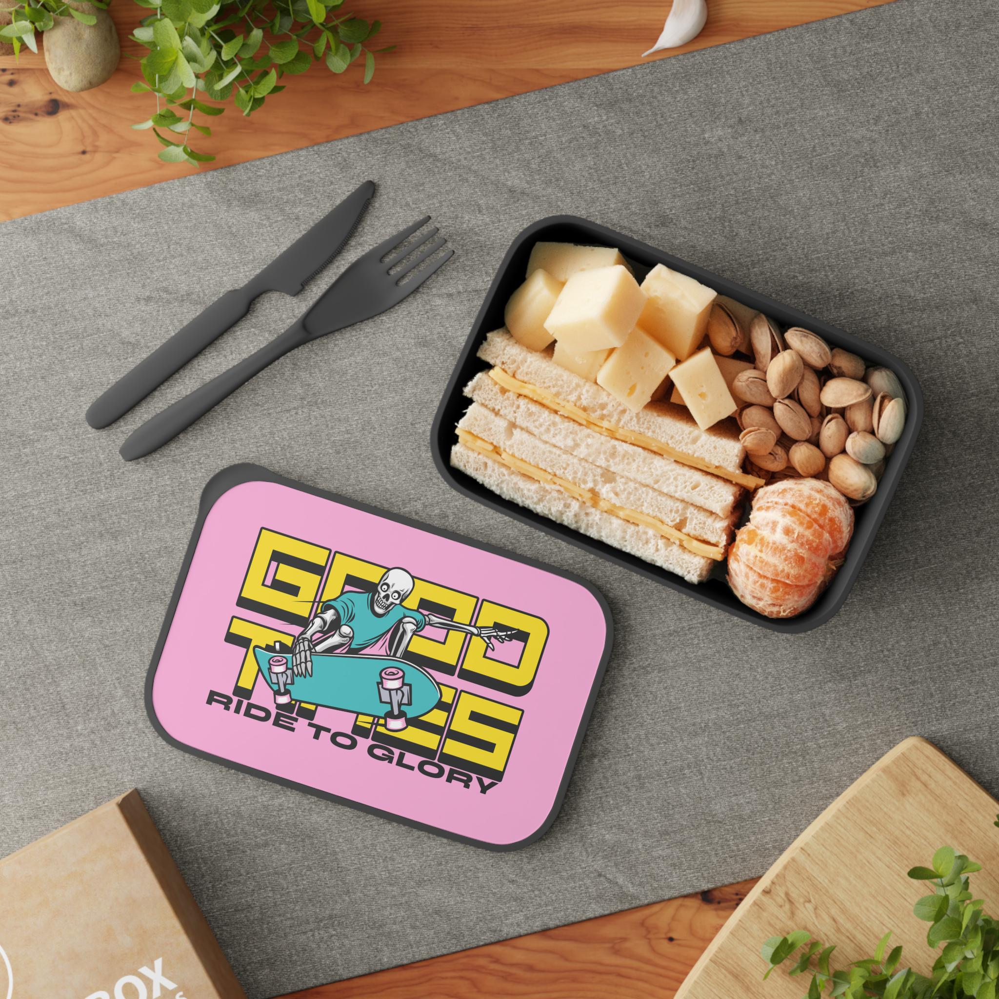 Skeleton Skater Lunch Box: Pink Eco Container with Utensils