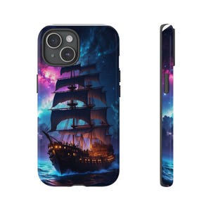 Custodia per telefono resistente a forma di nave a vela. Custodia protettiva a doppio strato per iPhone, Samsung Galaxy e Google Pixel. Nave pirata, nave a vela in legno.