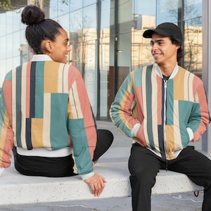 Mens and Womens Colorful Color Block Bomber Jacket. Vintage vibes inspired by 1950s wallpaper color palette.