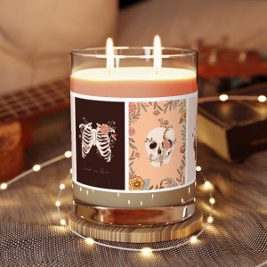 Vela de Soja Perfumada del Día de Muertos. Vaso lleno, vela de 11 onzas. Altar del Día de los Muertos. Decoración del hogar con estampado de calavera y esqueleto.