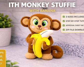 ITH Monkey Stuffie Embroidery Design with Banana | In The Hoop Plush Toy