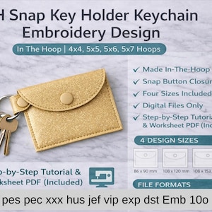 以下が含まれることがあります： ゴールドグリッターのスナップキーホルダー刺繍デザイン。スナップボタン留めと4つのサイズが含まれています。デジタルファイルには、ステップバイステップのチュートリアルとワークシートPDFが含まれています。デザインサイズは86 x 90 mm、108 x 120 mm、108 x 153.8 mm、127 x 178 mmです。
