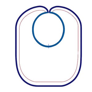 May include: A white baby bib with a blue outline and a blue circle for the neck. The bib has a red outline inside the blue outline. The bib is a simple design.