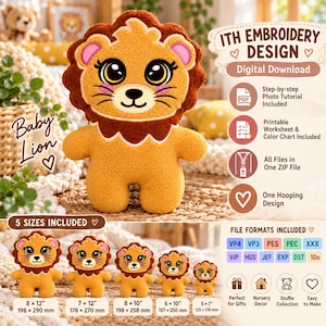 Puede incluir: Un diseño de bordado digital ITH para un león de peluche. El diseño presenta un león amarillo dorado con melena marrón oscuro, ojos grandes y detalles rosas. La imagen incluye texto, cinco tamaños de 125x178mm a 198x290mm e iconos de formatos.
