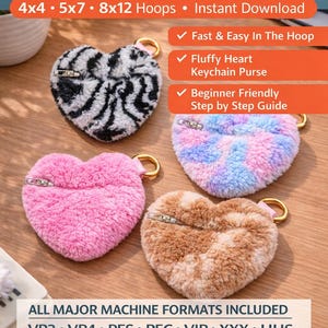 May include: Image of heart-shaped zipper pouches in various colors and patterns, including black and white zebra print, pink, and multi-colored. The text reads "ITH Heart Zipper Pouch Embroidery Design" and "Instant Download". The design is for 4x4, 5x7, and 8x12 hoops.