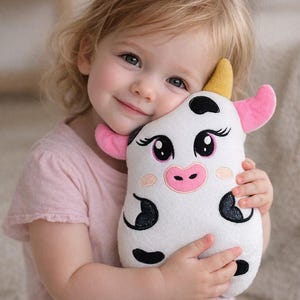 Peut inclure: Une peluche de vache blanche avec des taches noires, des oreilles roses et une corne jaune. La vache a de grands yeux et un nez rose. Le jouet est tenu par un jeune enfant portant un t-shirt rose.
