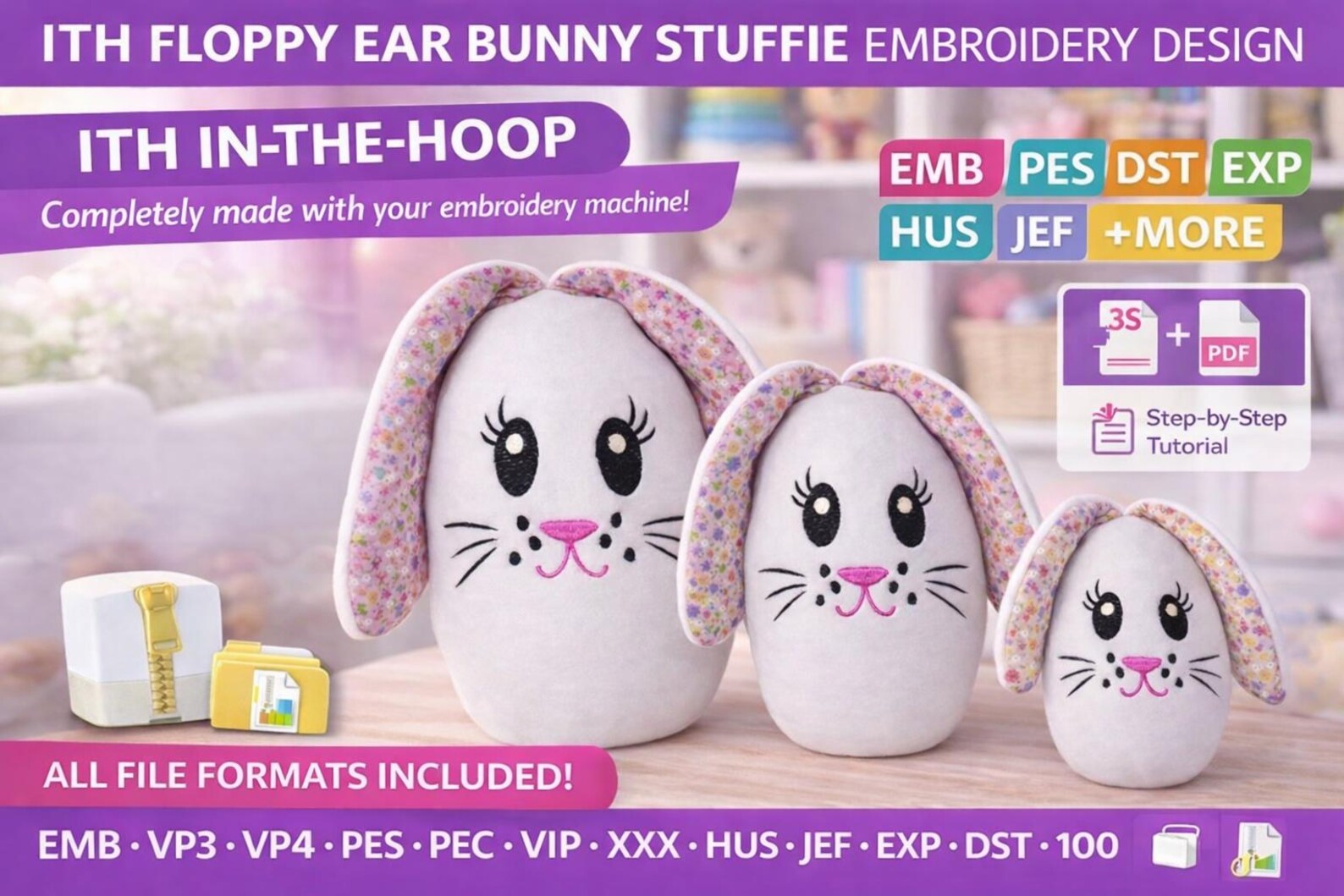 ITH Floppy Ear Bunny Stuffie Embroidery Design | 3 Sizes (PDF Tutorial ...